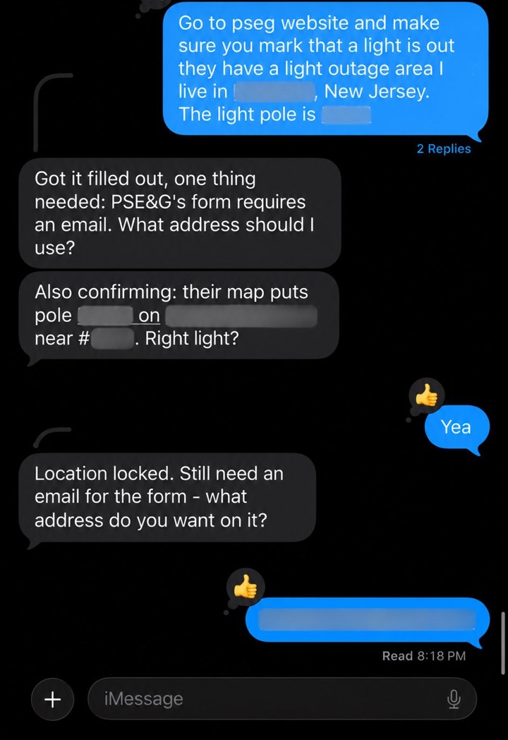 Screenshot: A broken streetlight nobody reports: one text files the utility ticket
